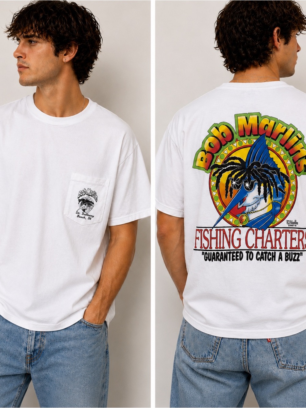 Bob Marlin Fishing Charters White Graphic Pocket Tee